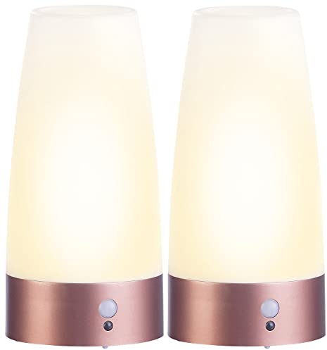 Lunartec Akku Leuchte: 2er-Set LED-Akku-Tischlampen mit PIR-Bewegungs-Sensor, warmweiß, rund (LED Lampen mit Bewegungsmelder, Nachttischlampe, Tischleuchte Batterie)