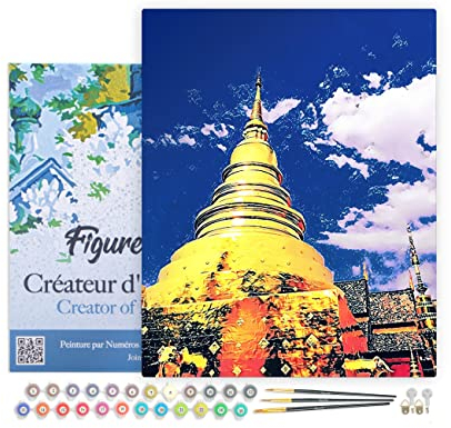 Figured'Art Malen Nach Zahlen Erwachsene Mit Rahmen Chiang Mai Tempel - Paint by Numbers Basteln DIY Bastelset 40x50cm Leinwand gespannt auf Holzrahmen