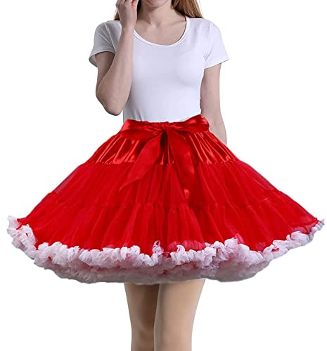 Tmade Sottogonna Tutù da donna in tulle da festa multistrato gonfia per cosplay, Rosso e bianco., Taglia unica