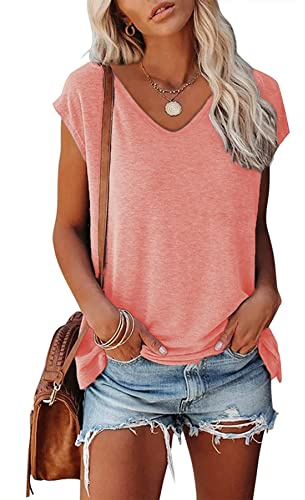 FANGJIN Vetement Femme Ete Tee Shirt Col V Grande Taille T-Shirt Top Manches Courtes Coton Large Long Chic Sport Haut Chic Vert T-Shirt Tendances Rose M （38 40）