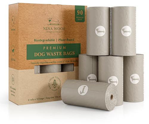 NINA WOOF - Sacchetti per escrementi per cani, compostabili e biodegradabili, per passeggiate con cuccioli (15 pezzi (confezione da 6))