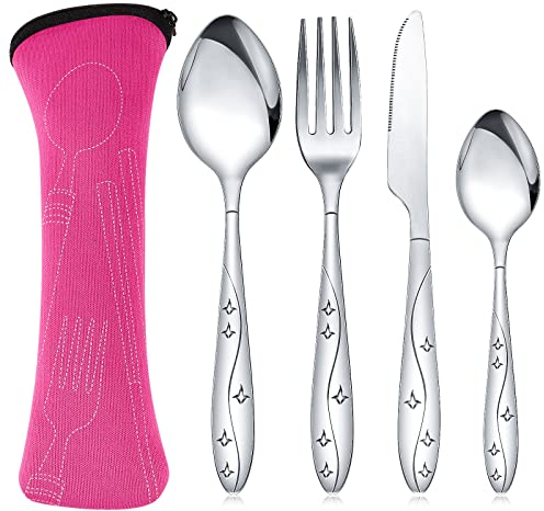 4 Pcs Cutlery Set with Portable Pouch Case, Stainless Steel Knife and Fork Flatware Set Camping Utensil Set for Picnic School Office Mirror Polished Dishwasher Safe(Pink)