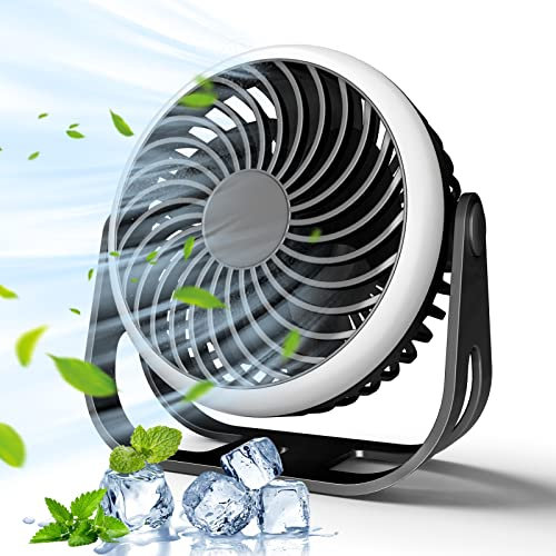 dovecina Desk Fan USB Fan, 2500mAh Rechargeable Mini Table Fan Charge while using,360°Rotation Portable Cooling Fan with 3-gear LED light for Desktop Office Home Bedroom Car Outdoor Camping (black)