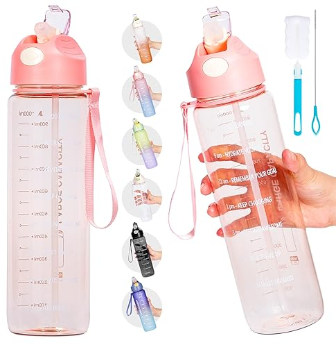 Water Bottle 1L, Sports Water Bottle with Straw & Time Maker, Drinks Bottle with Bottle Brush and Filter, Leak-proof, BPA-free Plastic Drink Bottle for Running Gym Cycling Office School (Light Pink)