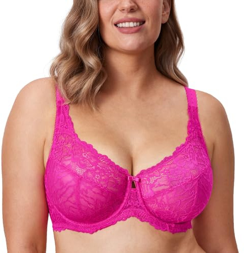 Delimira Women's Plus Size Bra Full Coverage Minimiser Non Padded Lace Underwired Bras Glitter Pink 34G