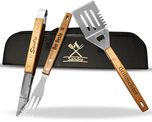 Personalisiertes Grillbesteck Set mit Gravur aus Akazienholz Tasche, Grillzange Personalisiert, Grillbesteck Personalisiert, Grillzange Holzgriff, Grillwerkzeug, Grillkoffer Set, Grillbox, Papa Grill