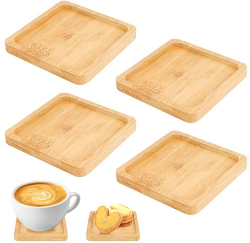 DINSONG 4 Piezas cuadrado Mini Bandeja de Bambú Madera Té Pequeña, Suculentas Plato de Madera, bandeja de madera, para mesa de café, mesa de comedor, color marrón
