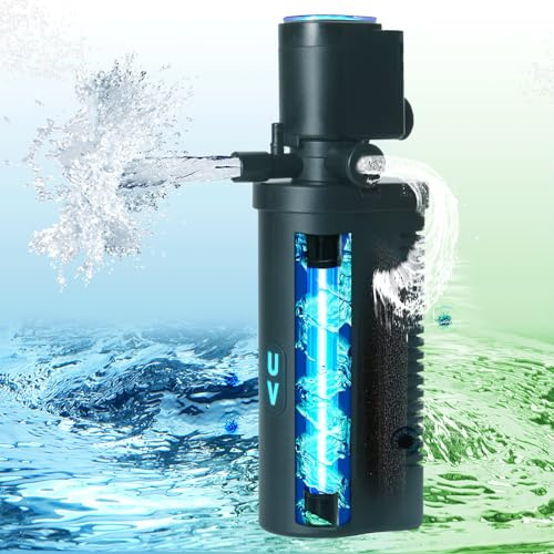 TARARIUM Small Aquarium Filter U-V for 10-45 Gallon Tank, 158GPH Fish Tank Filters for Betta Fish Tank Green Clean Machine, Internal Pump Filter for Turtle Tank Saltwater Freshwater Crystal Clear