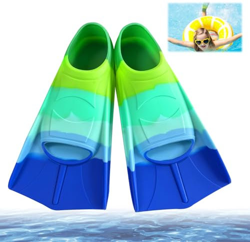 Schwimmflossen Kinder, Silikon Schnorchelflossen Kurz, Kurzflossen Kinder, Kinderflossen Kurze Trainingsflossen Taucherflossen Kurzschwimmflossen für Jungen Mädchen (Ozean-Farbmix, XS (30-32))