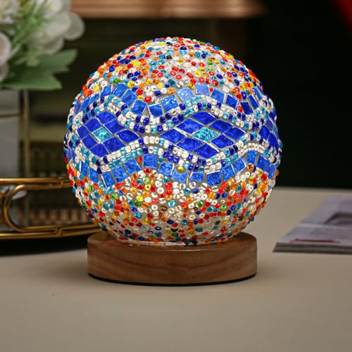 Veilleuse 3D LED en forme de boule de verre, lampe de chevet baroque Tiffany Touch avec base en bois, rechargeable par USB, veilleuse planète pour salon, chambre à coucher (bleu baroque)