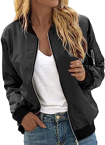 Pamqsen Bomberjacke Damen Kurze Blouson Jacke Casual Übergangsjacke Pilotenjacke Langarm Outwear Zip Up Solid Leichte Coat Sweatjacke Frühlingsjacke College Schwarz M
