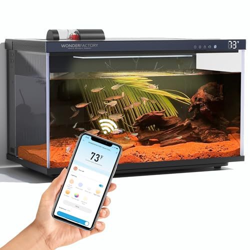 Wonderfactory Smart Aquarium 5 Gallon Glass Fish Tank, Self Cleaning System Efficiency Filter 7 Color LED Lights Automatic Feeder Temperature Display Monitor HD UHA Glass, Smart Control with Apps