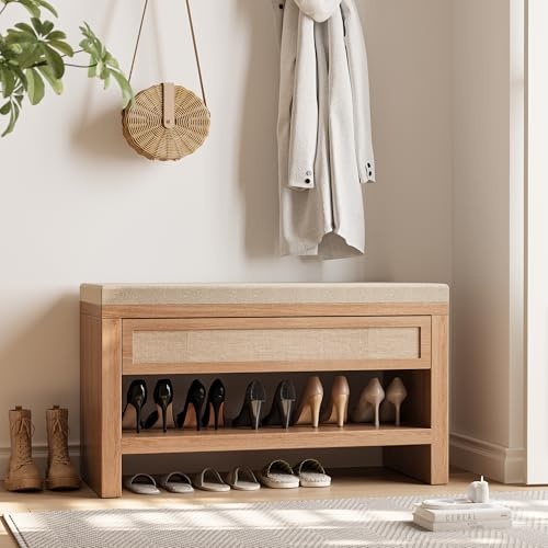 astimey 32” Shoe Bench with Storage Drawer, Farmhouse Entryway Bench with Linen Seat Cushion, Wooden Shoe Rack with Shelf for Entryway Hallway Living Room Bedroom, Oak