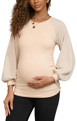 Bhome Maternity Sweatshirts Patchwork Cable Knit Long Sleeve Tops Crewneck Shirts Lightweight Sweaters,Khaki M