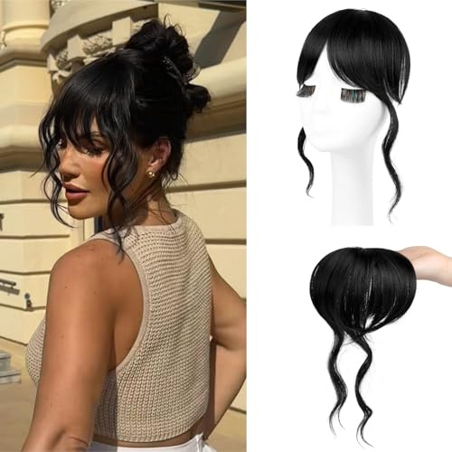 Flufymooz Clip in Bangs, 30 cm lange französischer Pony mit Schläfenpartie, Haarteile für Frauen-Naturschwarz