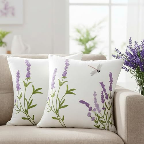 Hahafelt 2Pcs Lavender Flowers Throw Pillow Covers 18x 18 Spring Floral Embroidered Decorative Pillow Covers with Zipper Farmhouse Cushion Cases for Couch Bed Sofa Living Room Bedroom Decor Gift