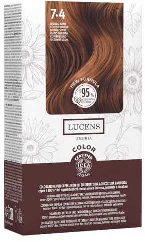 Lucens Umbria - 7.4 Biondo Rame, Tinta per Capelli Senza Ammoniaca, Kit Colorazione Permanente Vegan con Estratti Naturali, Azione Lenitiva, Idratante e Protettiva