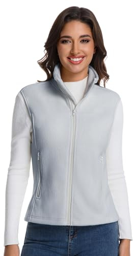 Doohu Women's Lightweight Fleece Vest Full Zip Stand Collar with Pockets(Light Gray, XS)