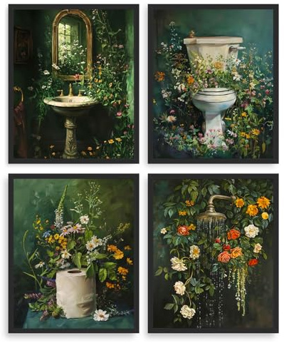 Dazzlewall Set di 4 Pezzi Quadro Bagno Verde Scuro Vintage, Poster con Toilette Lavandino Doccia Fiorale per Bagno Toilette 20×25 cm Senza Cornice