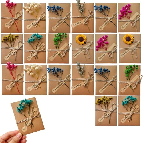 YEDOUALE Biglietti Auguri Carta Kraft Buste retrò Set 20 PCS Cartoline con Fiori secchi 7x10 cm inviti Matrimonio Compleanno Natale Elegante Scrittura Facile