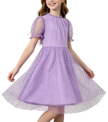 Rolanko Robe pour Fille, Col Volant Rond et Manche Ballon A Line Princess Tulle Robe, Idéale pour Fêtes, Mariages, Anniversaires