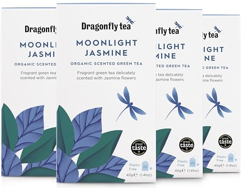 Dragonfly Moonlight Jasmine Green Tea, 80 Teabags (4 x 20) Organic, Fragrant Fine Green Tea Bags, Compostable