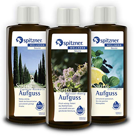Lot Infusion pour sauna Corps & esprit: „ Cyprès-Romarin “ / „ Mélisse-Miel “ / „ Citrus-Menthe “ (3x190 ml) de Spitzner