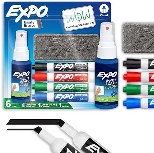 EXPO Dry Erase Markers Kit, Chisel Tip, Assorted Colors, Eraser, Spray Cleaner, 6 Count - Whiteboard, Calendar, Office Essentials, School, Classroom, Teacher Supplies