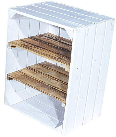 Vinterior set med 2 vita fruktlådor med flätade mellanskivor tvärs – Trälådor som skohylla – Shabby Chic – 50 x 30 x 40 cm