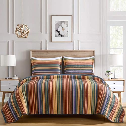 Chezmoi Collection Avery 3-piece Multi-Color Striped 100% Washed Cotton Quilt Set Queen Size