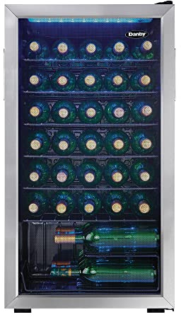 Danby DWC036A1BSSDB-6 3.3 Cu. Ft. Free Standing Wine Cooler, Holds 36 Bottles, Single Zone Fridge With Glass Door - Chiller for Kitchen, Home Bar, Black/Grey