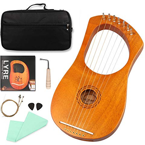 Mr.Power Metal String Lyre Harp Ancient Greece Style Harps with Tuning Wrench, Extra String Set, Cleaning Cloth, Black Carry Bag (7 String, Natural Wood)