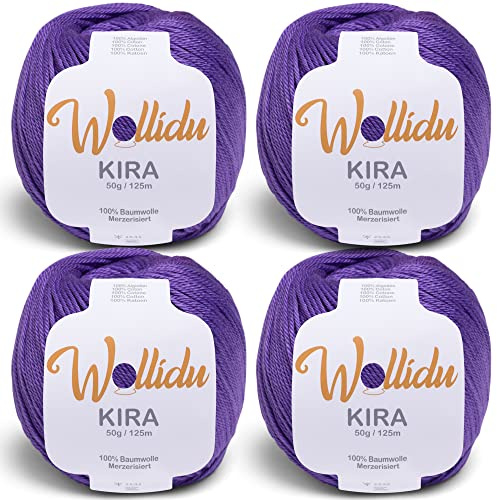 Wollidu Kira 4er-Set mercerisierte Baumwolle – 4×50 g feines Häkelgarn & Strickgarn, 100% Baumwolle, 125 m Lauflänge, uni Lila
