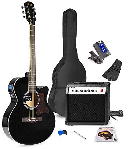 Max SHOWKIT Beginner Electric Acoustic Guitar Kit, 40W Amp, Black | Grand auditorium cutaway, built-in LED tuner & EQ, gig bag, accessories