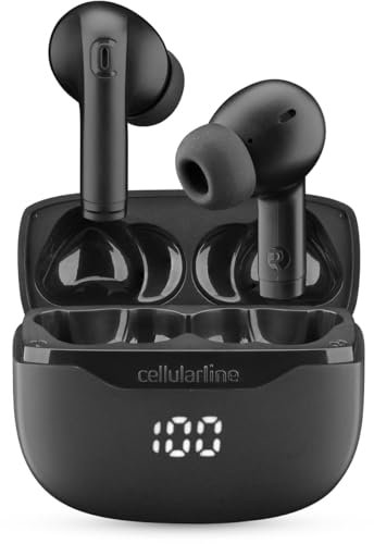 Cellularline Key Écouteurs Intra-Auriculaires True Wireless, 16 Heures d’Autonomie, Étui avec Affichage LED, Double Master, Commandes Tactiles, Charge USB-C, Design de Poche, Noir