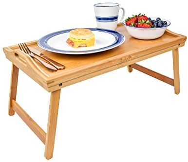 CJCSM Bandeja de Desayuno, Bandeja de Cama Grande de bambú con Patas Plegables, Bandeja de refrigerios de Escritorio para computadora portátil con Asas