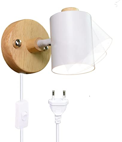 LED Holz Wandleuchte mit Schalter und Stecker, Innen Wandlampe mit Kabel Drehbar Wandspot Nachttischlampe Kinderzimmer Leselampe Einstellbar Weiß Metall Schirm Schlafzimmer Bett Nachtlicht Holzlampe