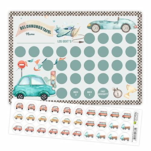 Aufkleber Set - Belohnungstafel für Kinder - mit tollen Stickern für Mädchen - Motiv Einhorn -mit tollen Stickern für Jungs - Motiv Autos (Motiv Autos)