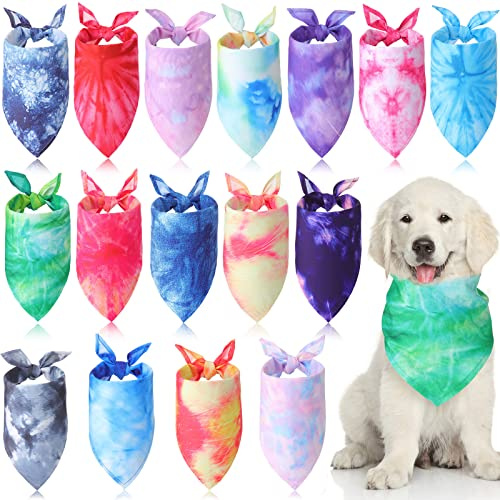 Xuniea 16 Pcs Tie Dye Dog Bandanas Bulk, Rainbow Triangle, Vivid Style