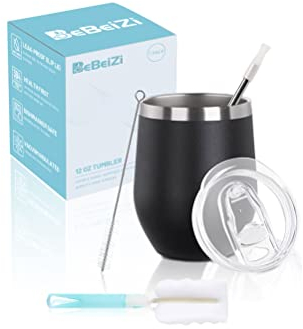 BeBeiZi Weinbecher Edelstahl, 350ml Stemless Weinbecher Mit Deckel Und Strohhalm, Vakuumisolierte Reisekaffeetasse für Cocktails, Coffee, Hochzeitsgeschenk, Geburtstag Frauen, DIY
