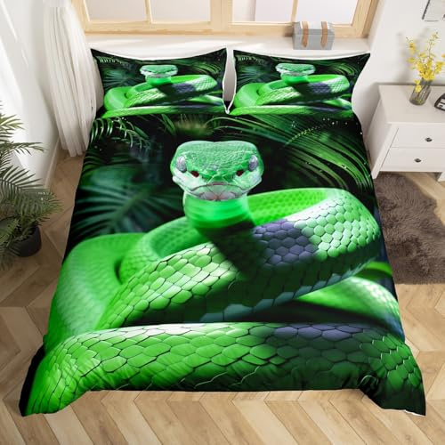 Snake Bed Sets Twin, Green Snake Duvet Cover For Kids Boys Teens Man, 3D Reptile Bedding Set, Green Scales Wild Animal Comforter Cover Rainforest Palm Leaf Stylish 2Pcs Bedspread Cover Bedroom Decor