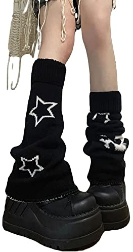 heyheyshine Y2k Star Skull Print Two Side Wear Knitted Leg Warmers Socks Punk Girls Japanese Kawaii Streetwear Leg Cover (Skull Star Flared, One Size)