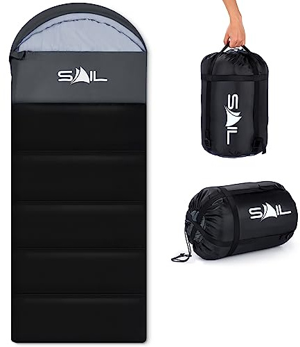 SAIL 4 Season Sleeping Bag for Kids & Adults - Extra Wide, 400GSM Lightweight & Waterproof - Large XL Sleeping Bag for Camping, Indoor & Outdoor, Hiking & Backpacking - Black