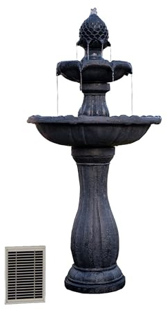 XBrand 44 Solar Powered 2-Tier Outdoor Water Fountain, Fiberglass Resin Fountain with Solar Panel and Auto Shut-Off Pump, Black