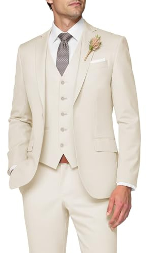 SPTALLFITJSV 3 Piece Suit Men Slim Fit Wedding Suits for Mens Elegant One Button Jacket Single Breasted Vest Pants Set, Cream, M