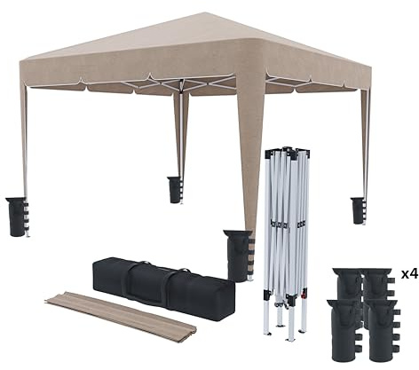 BRICOZONE Gazebo 3 x 3 M Pieghevole Idrorepellente Struttura Acciaio Copertura 160 gr/m² Con 4 Sacche Per Pesi E Sacca Di Trasporto Chiusura A Fisarmonica Da Giardino Campeggio Esterno Fiere (Tortora)