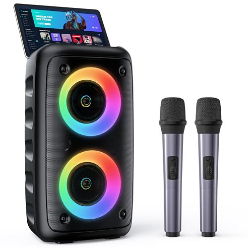 HEEBUKE Karaoke 2 Microfonos Inalambricos (Novedad 2025): Altavoz Bluetooth con Sonido Envolvente y micrófonos de Voz cálida. Conecta por Bluetooth, AUX, USB o FM a tu TV, Smartphone, Tablet