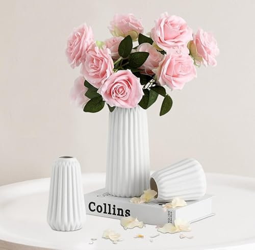Dokeno Juego de 3 Jarron Ceramica, Jarrón de Cerámica Blanco, Jarrones Decorativos Modernos en Cerámica Blanca, Jarrones Deco para Hierba de la Pampa, para Sala de Estar, Dormitorio, Mesa de Cena
