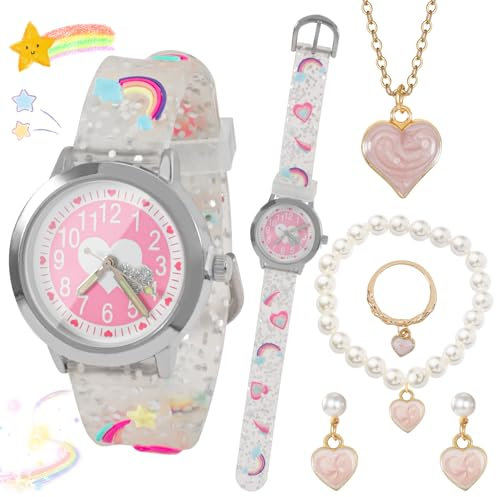 Kinder Uhr Kinderuhren für Mädchen Rosa Herz Uhr Armbanduhr Kinder 3D Cartoon Mädchenuhr Nette Armbanduhr Wasserdichte Kinderuhr Kind Analoge Quarzuhr Kinderuhren mit Schmuckset für 3-10 Jahre