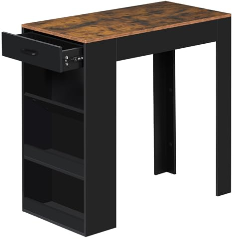 WOLTU Mesa Bar Alta, Mesa Cocina con Estantería Lateral de 1 Cajon 1 Botellero y 2 Estantes, Mesa para Comedor Salón (Sin Tablas de Madera, Marrón Rústico + Negro, 100 x 50 x 100 cm)